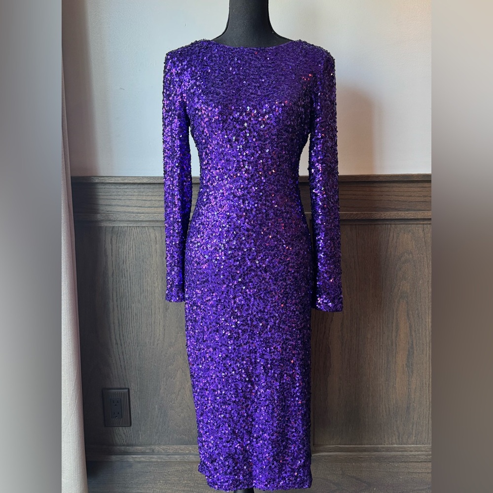 Dress the Population Shimmering sequin Purple Long Sleeve Dress low back nwt M - Picture 2 of 9